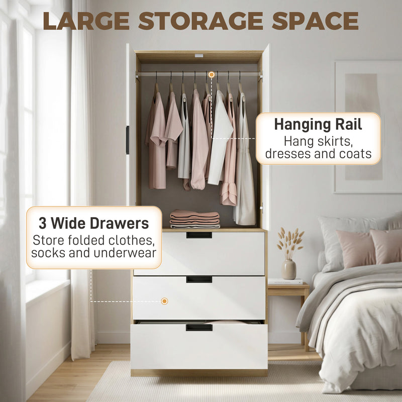 Double Wardrobe with Drawers for Small Bedrooms Slim Storage Oak and White