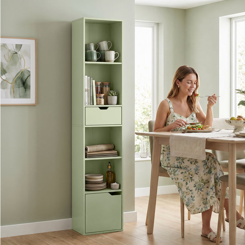 Slim Bookcase With Drawer and Cupboard for Small Room Storage Green