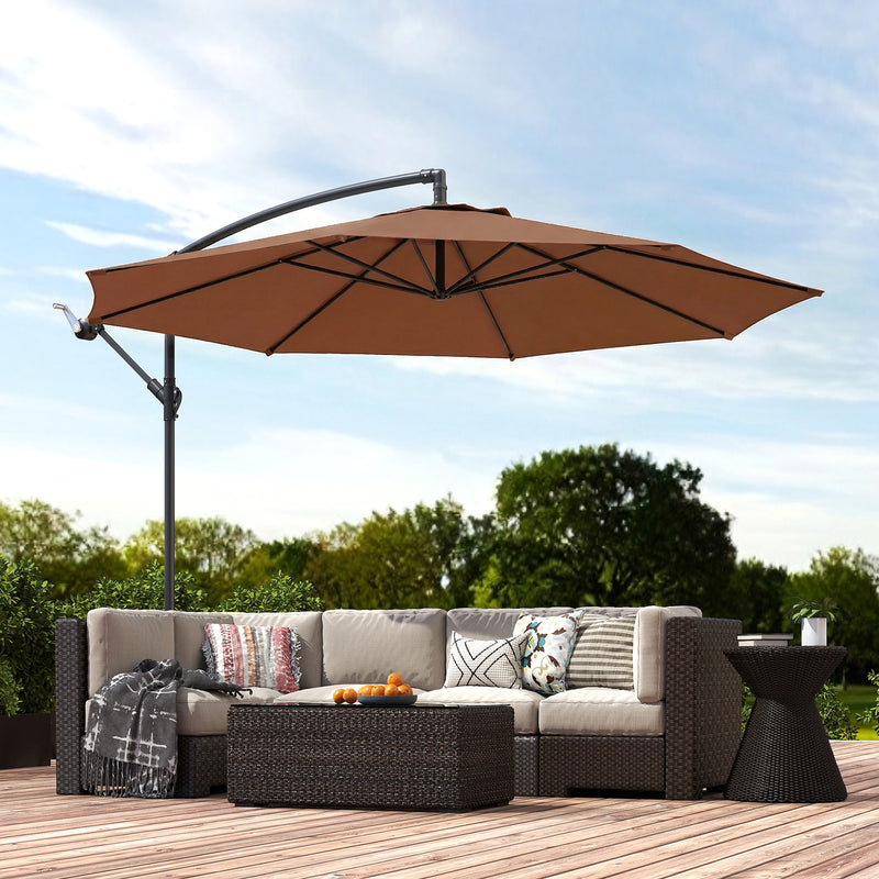 Cantilever Garden Parasol with Adjustable Shade and Crank Handle for Patio or Outdoor Use Coffee AOSOM