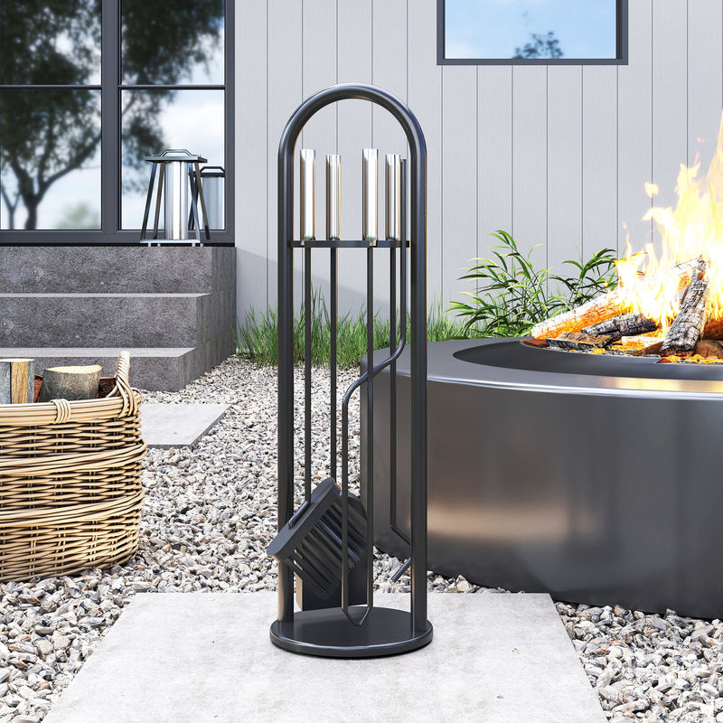 5 Piece Metal Fireplace Tool Set With Brush Shovel Poker and Ash Bucket, Black & Silver