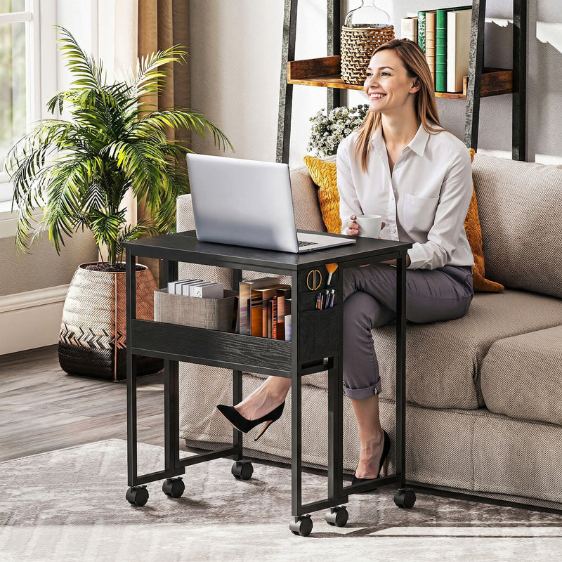 Folding Computer Desk with Wheels and Storage Shelf for Small Spaces Black AOSOM