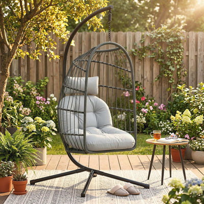 Grey Hanging Egg Chair with Stand for Relaxing Indoors or Outdoors Foldable Basket Outsunny