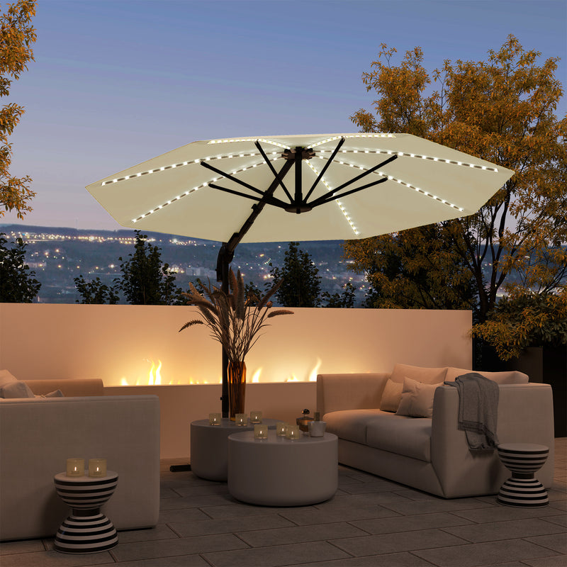 Cream 3m Cantilever Garden Parasol with Solar Lights Crank Handle and 360 Rotation by Outsunny