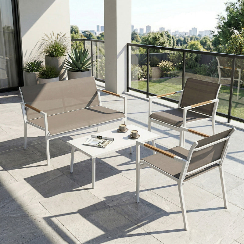 Outsunny 4 Seater Garden Furniture Set with Loveseat, Armchairs, Table, Metal Garden Sofa Set with Breathable Seats, Khaki AOSOM