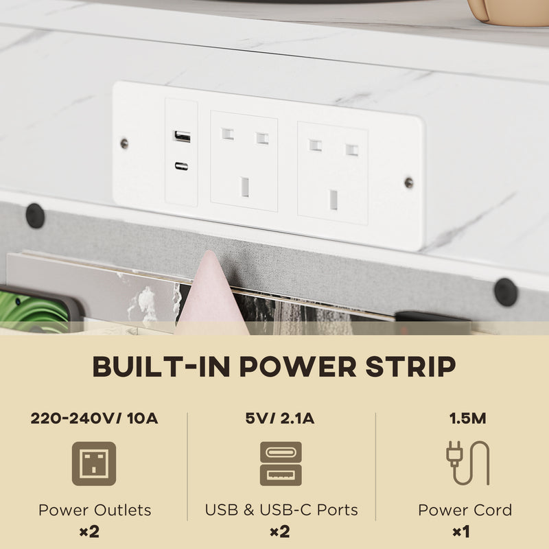 White C Shaped Bedside Table With Charging Station USB Ports and Storage for Bedroom or Lounge