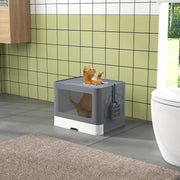 Enclosed Hooded Cat Litter Box with Drawer Scoop and Top Exit Design for Easy Cleaning, Grey
