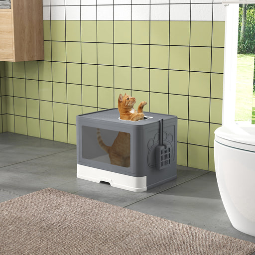 Enclosed Hooded Cat Litter Box with Drawer Scoop and Top Exit Design for Easy Cleaning, Grey