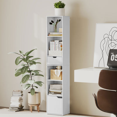 Tall 6 Tier Narrow Bookcase With Drawer and Storage Cabinet for Home Office White AOSOM