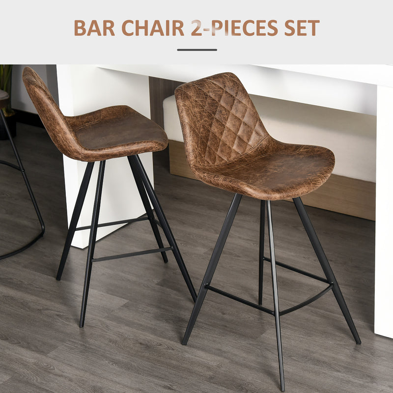 Set of 2 Vintage Bar Stools with Padded Quilted Seats and Footrest for Kitchen Brown
