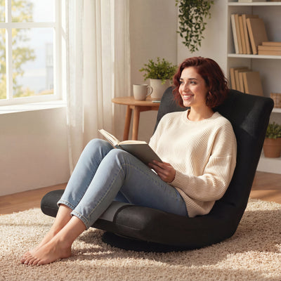 Folding Floor Chair With Swivel Base And Adjustable Backrest For Lounge Comfort Black AOSOM