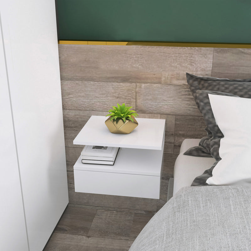 Set of 2 Wall Mounted Bedside Tables with Storage Shelf for Bedroom Space Saving, White