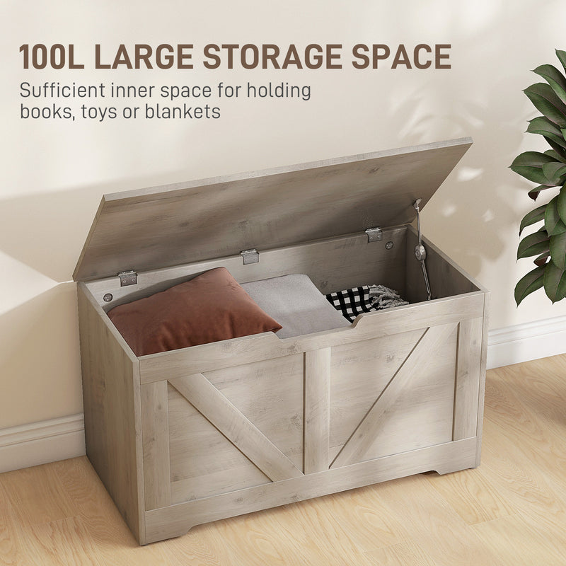 100L Grey Wood Effect Storage Box with Safety Hinges for Home Organisation by HOMCOM