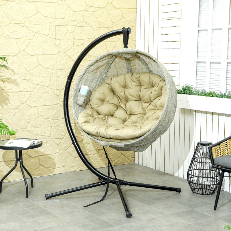 Khaki Hanging Egg Chair with Stand Thick Cushion and Cup Holder for Garden or Indoor Use by Outsunny