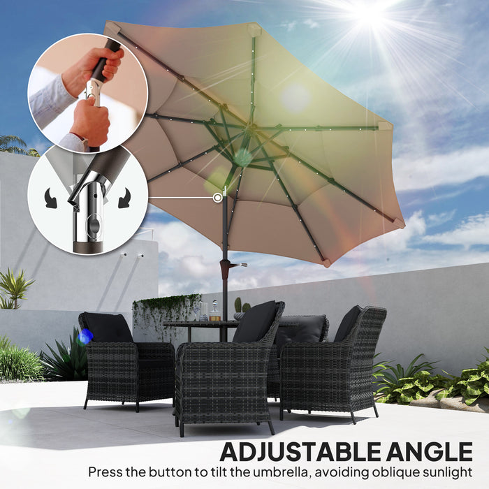 Khaki 3 Tier Garden Parasol with Solar LED Lights UPF 30 Tilt and Crank Handle by Outsunny