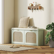 Boho Shoe Storage Bench with Cushion and Flip Drawers for Hallway or Entryway Light Green