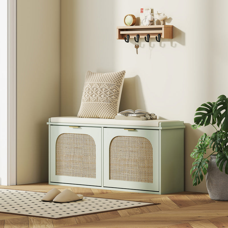 Boho Shoe Storage Bench with Cushion and Flip Drawers for Hallway or Entryway Light Green