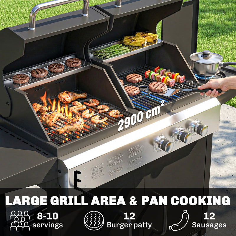 Dual Fuel BBQ Grill with 2900cm² Cooking Area, Side Burner and Storage Cabinet, Black Outsunny