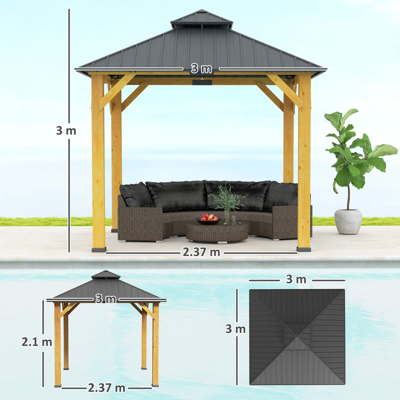 3x3M Hardtop Garden Gazebo with 2 Tier Steel Roof and Solid Wood Frame for Garden or Patio by Outsunny