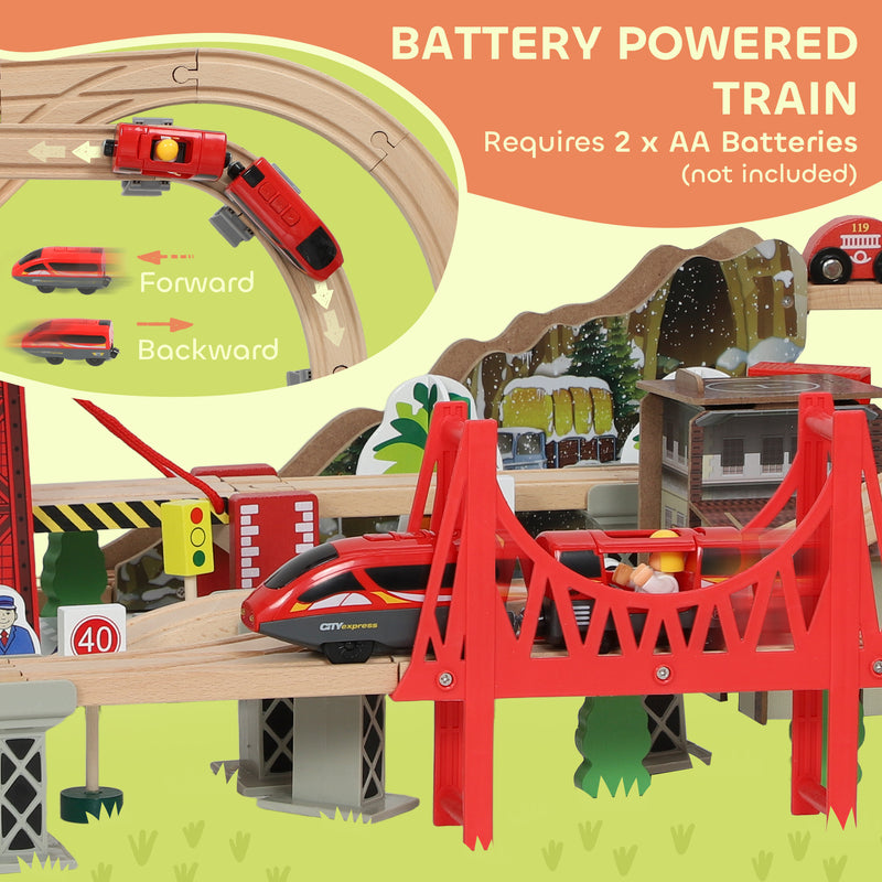 100 Piece Wooden Train Set with Battery Train and Crane for Kids Aged 3 Plus, Natural Wood AOSOM