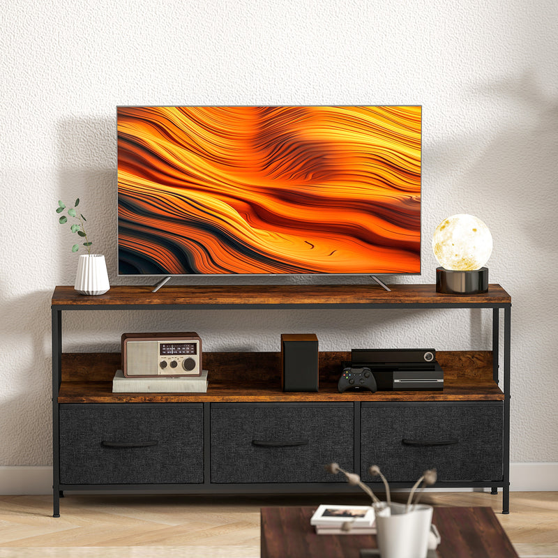 Industrial TV Stand Cabinet with 3 Foldable Fabric Storage Drawers for Living Room