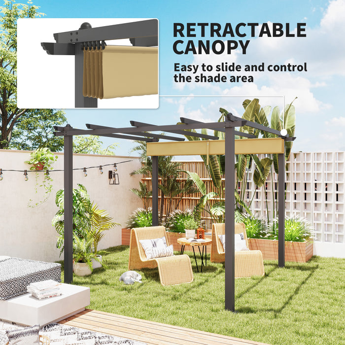 Khaki 3 x 3m Aluminium Pergola with Retractable Roof for Garden and Patio by Outsunny