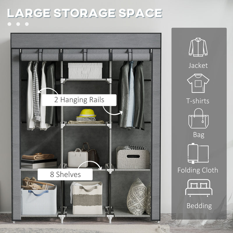 Dark Grey Fabric Portable Wardrobe with 8 Shelves and 2 Hanging Rods by HOMCOM