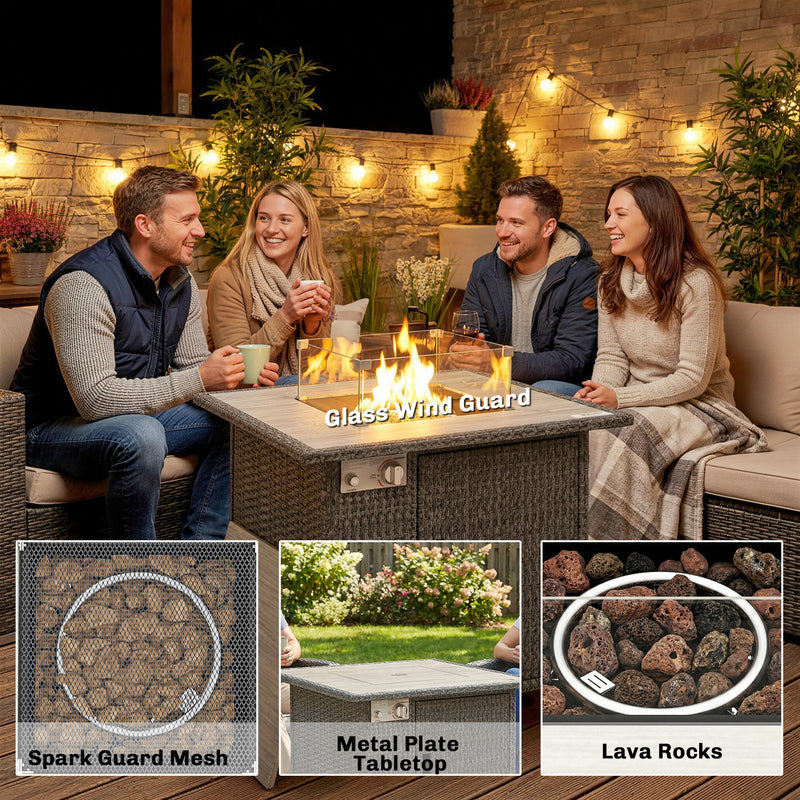 Outdoor Rattan Gas Fire Pit Table With Adjustable Flame And Glass Guard Dark Grey Outsunny