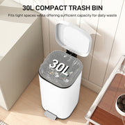 30L Pedal Kitchen Bin With Soft Close Lid And Removable Inner Bucket For Home Use White