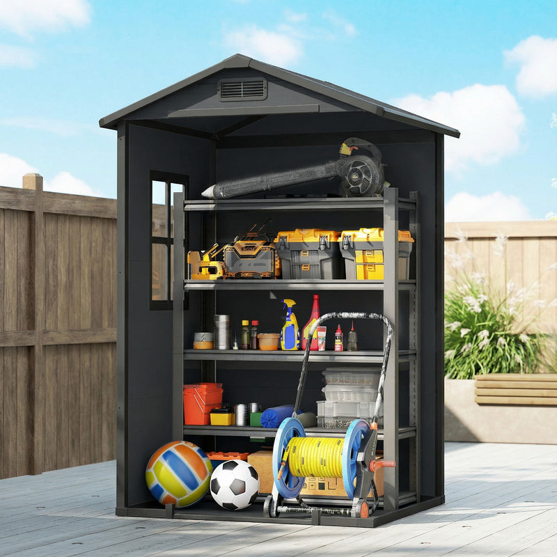 Plastic Garden Shed for Small Patios with Weatherproof Panels and Secure Lock, Dark Grey Outsunny