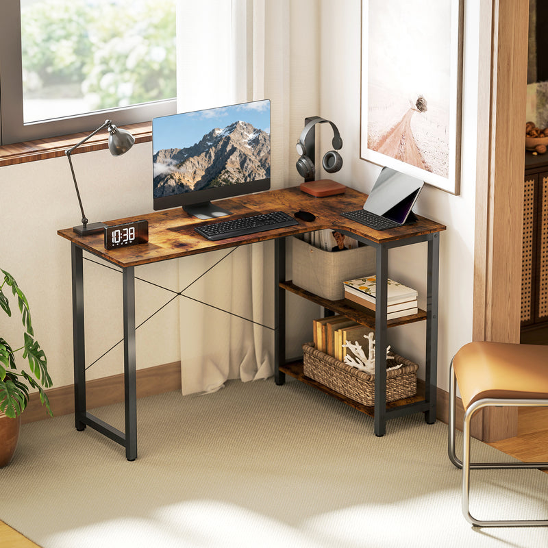 L Shaped Corner Desk with Shelves for Home Office Storage Rustic Brown