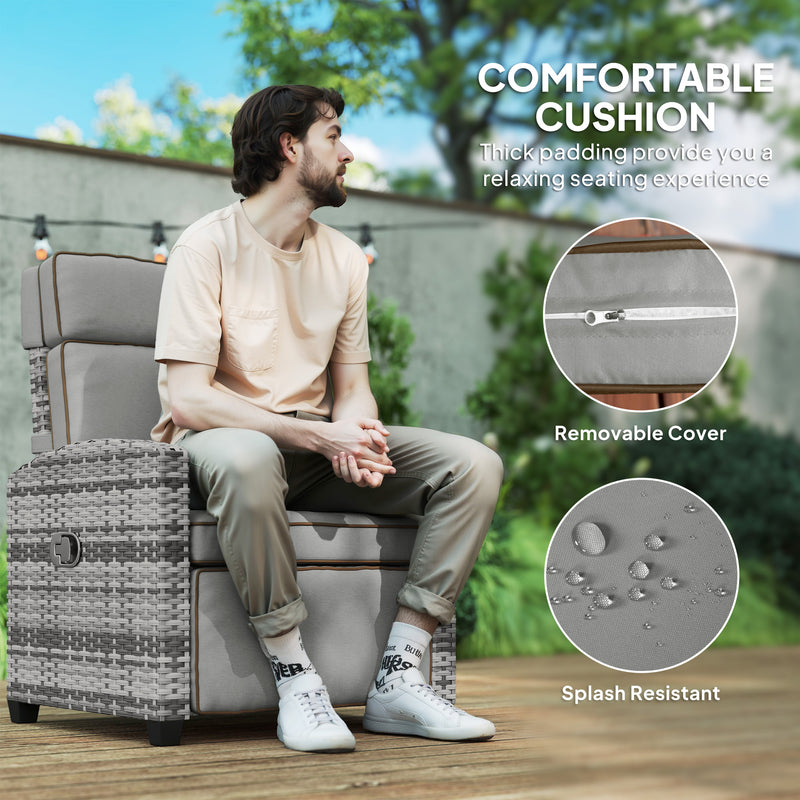Rattan Garden Recliner Chair with Adjustable Backrest Cushion and Flip Table Mixed Grey by Outsunny