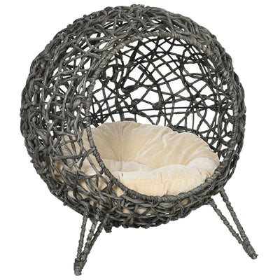 Rattan Elevated Cat Bed House with Removable Cushion Ideal for Kittens Silver Tone, Grey