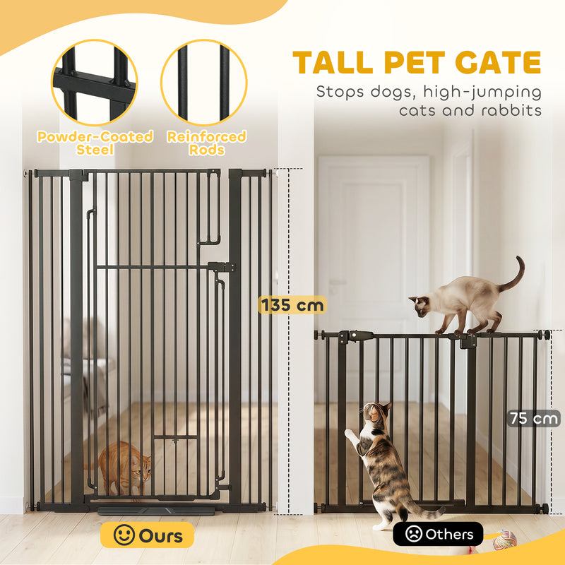 Extra Tall Dog Gate With Cat Door For Wide Doorways And Stairs Pressure Mounted Black