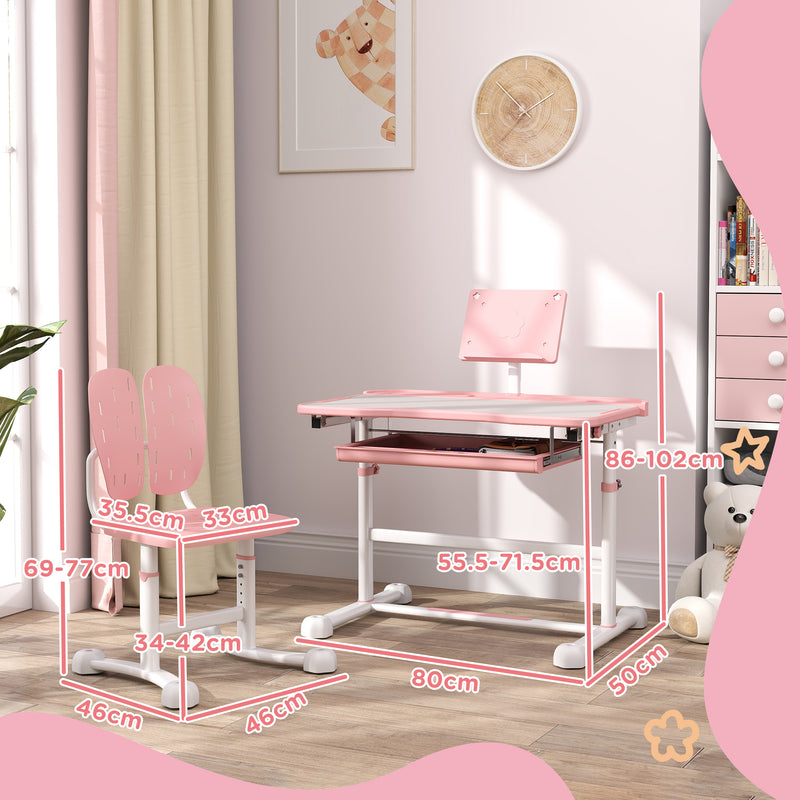 Pink Height Adjustable Kids Desk and Chair Set with Tilted Desktop by AIYAPLAY