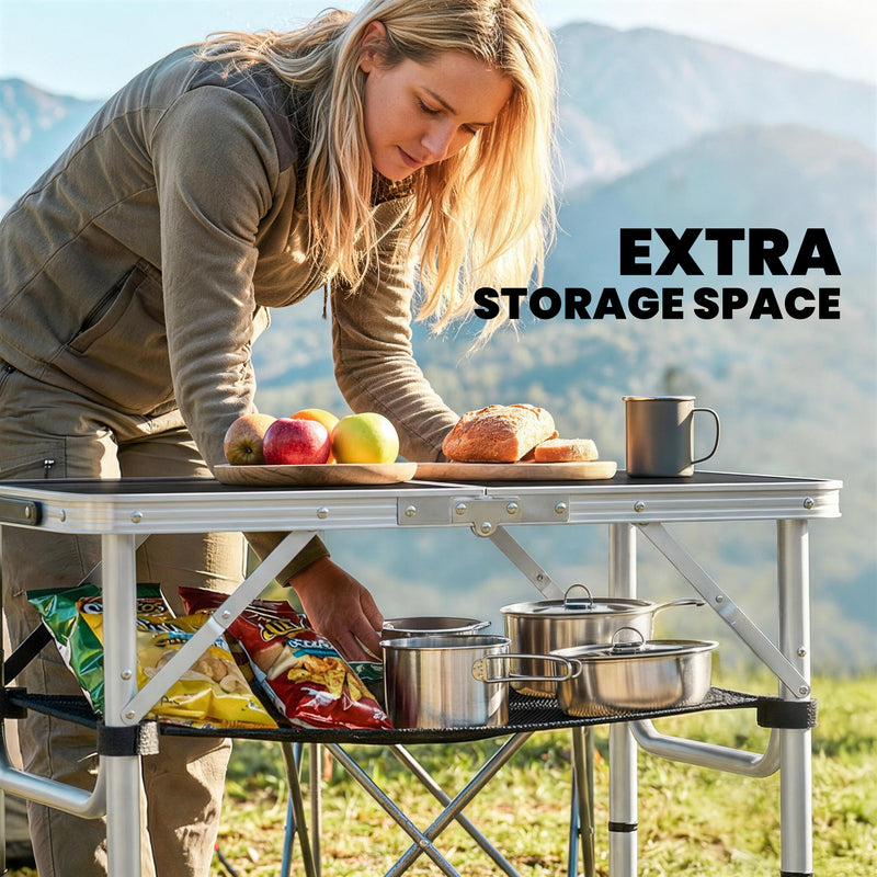 Folding Camping Table with Adjustable Height and Mesh Storage for Outdoor Meals Black and Silver