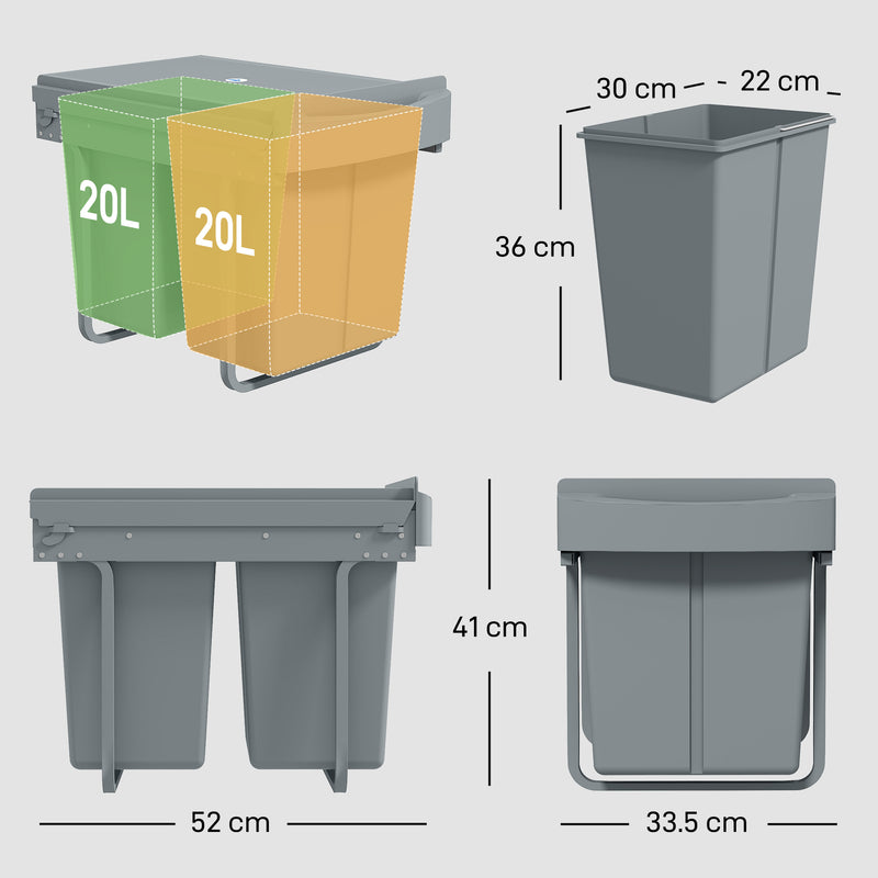 Pull Out Under Sink Kitchen Bin with Dual Compartments for Easy Waste and Recycling Grey