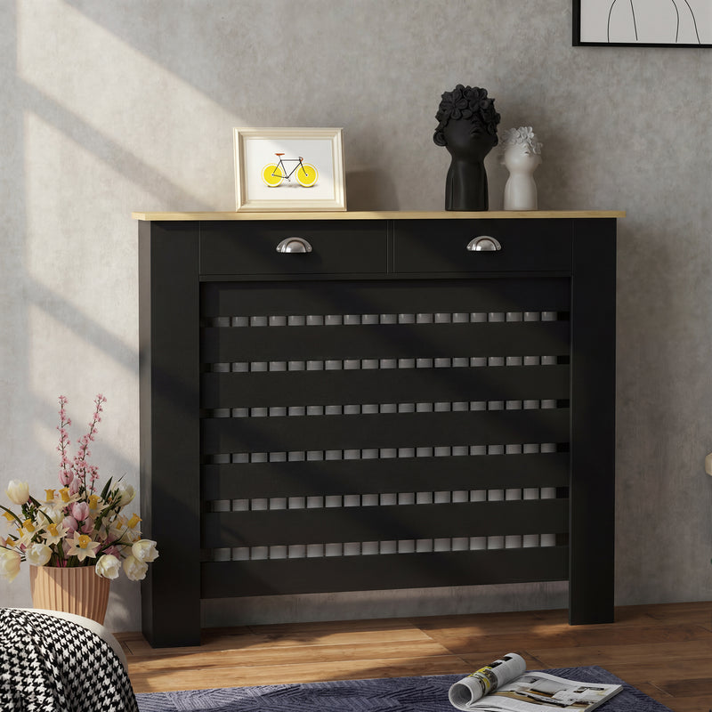 Radiator Cover with Drawer for Hallway Safety and Storage Slim Slatted Black Wood Effect Homcom