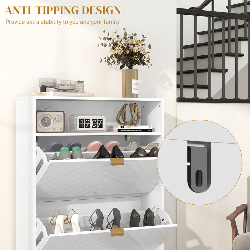 12 Pair Shoe Storage Cabinet With Chevron Detail and Elegant Design for Hallway White