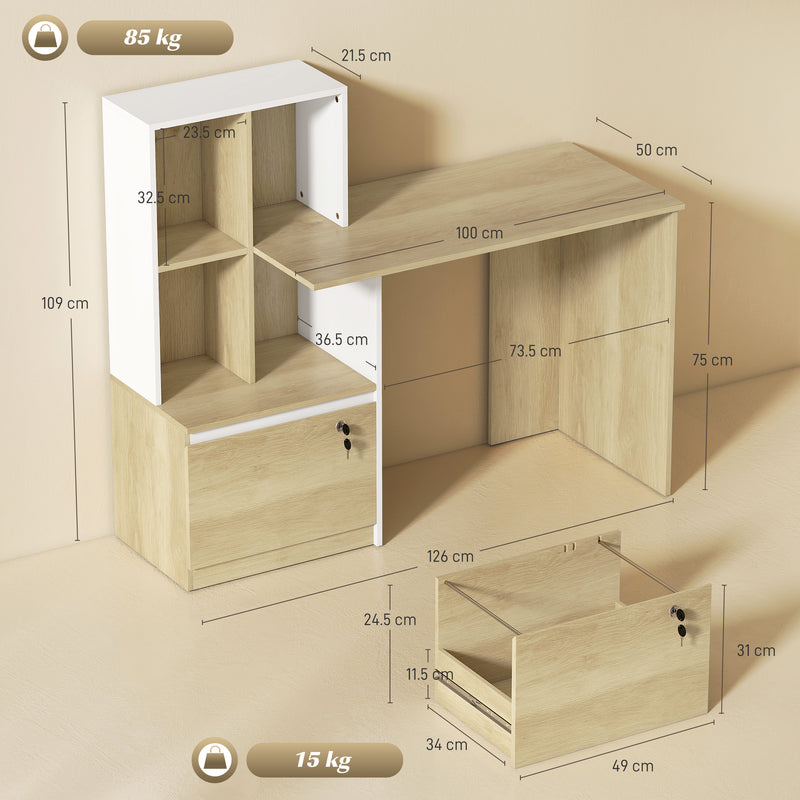Computer Desk with Lockable Drawer and Shelves for Organised Home Office Oak Wood Effect