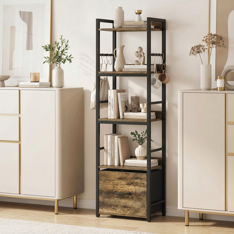 Slim Bookshelf with Drawer and Hooks for Small Spaces and Corners Rustic Brown AOSOM