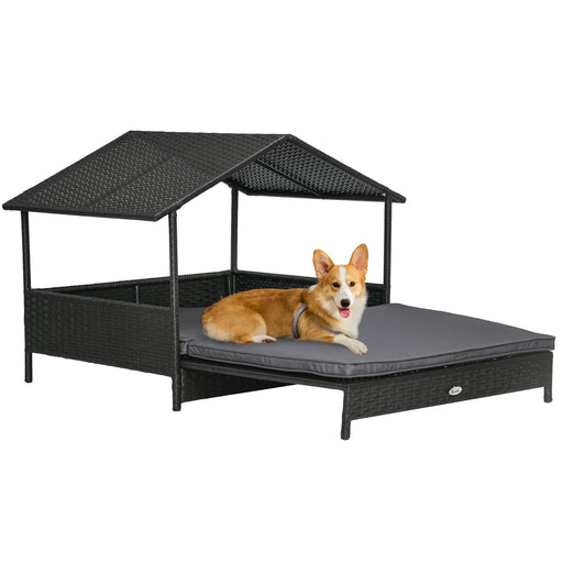 Extendable Elevated Rattan Dog Bed with Water-Resistant Roof and Cushion for Outdoors Grey