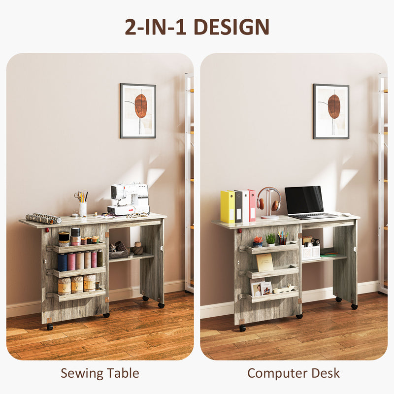 Grey Folding Sewing Table with Drop Leaf Storage Bins Shelves and Wheels by HOMCOM AOSOM
