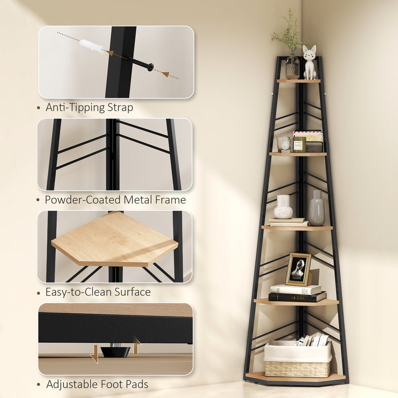 Corner Bookcase with Five Shelves for Space Saving Storage Natural Wood and Black AOSOM