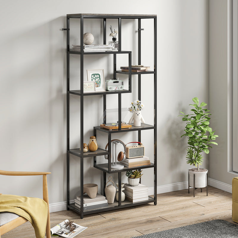 Tall 7 Tier Shelving Unit for Organised Book and Ornament Storage Grey Black