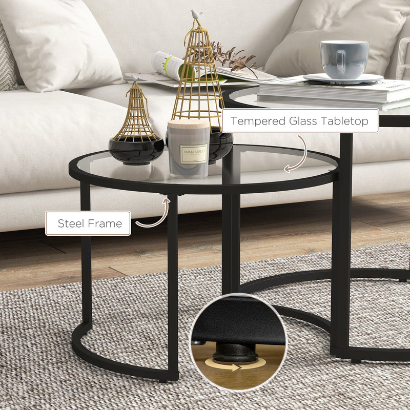 Modern Glass Nesting Coffee Tables Set of 2 Space Saving Living Room Design Black