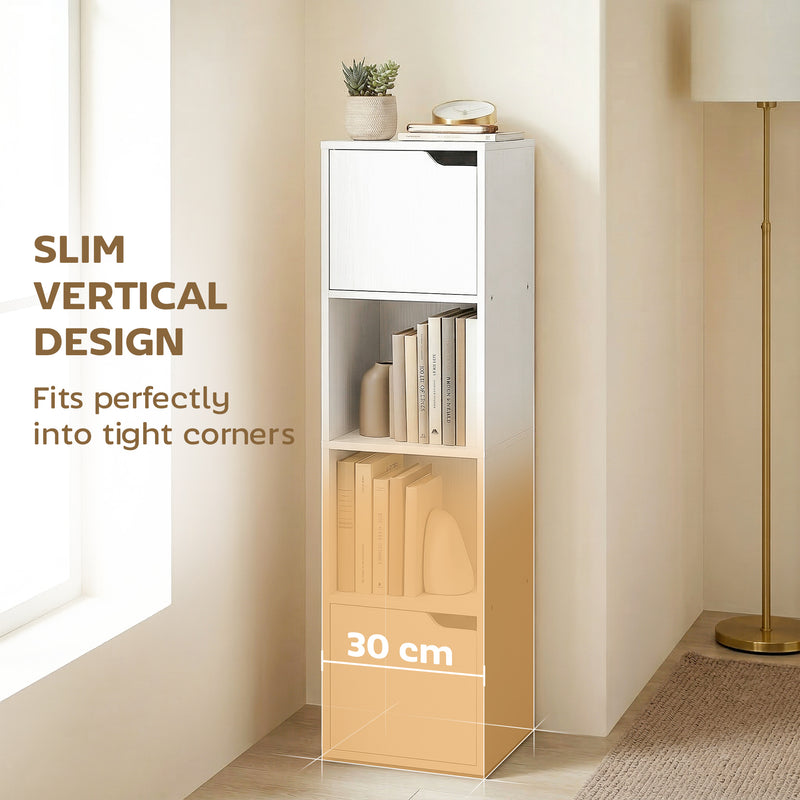 Slim Bookcase with Shelves and Cabinets for Small Spaces White