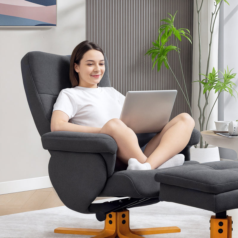 Grey Recliner Armchair With Storage Ottoman Linen Look Fabric For Lounge Or Bedroom