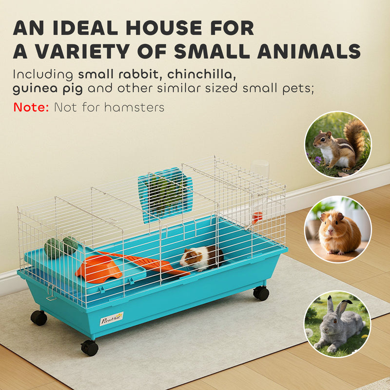 Small Animal Cage with Deep Base and Easy Access Doors for Rabbits and Guinea Pigs Blue AOSOM