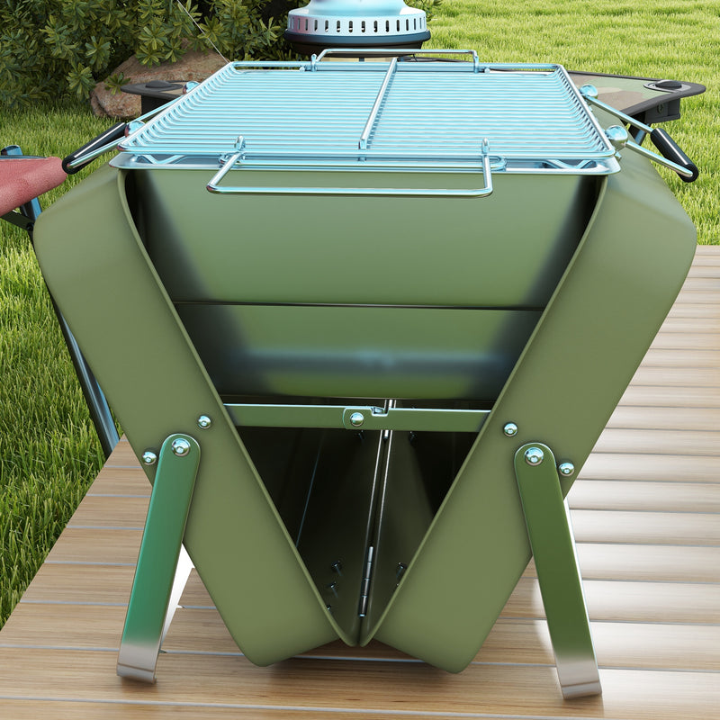 Green Portable Metal BBQ Grill With Carry Handle For Camping And Outdoor Cooking