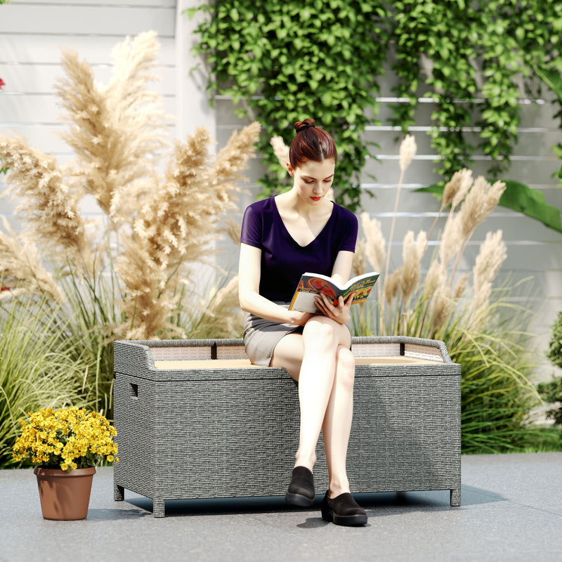 Grey 130L Rattan Garden Storage Box with Seat for Outdoor Use by Outsunny
